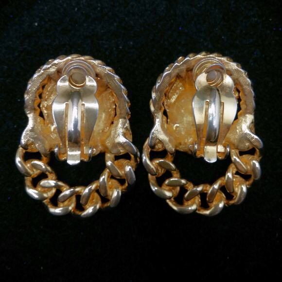 Vintage Lion Head Earrings Door Knocker Clip On Gold Tone Cuban Chain Link Loop - Picture 4 of 10